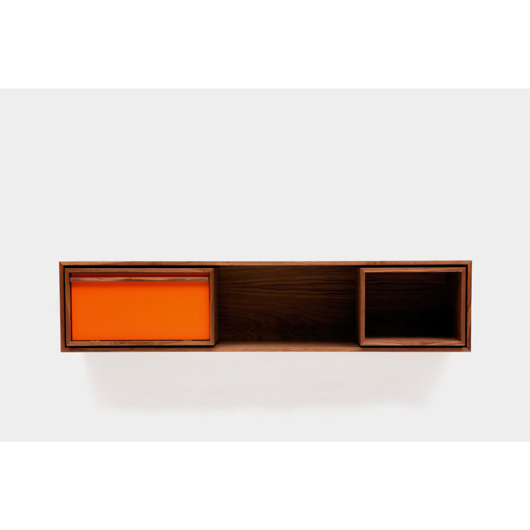 Walnut and Orange Low Console Table with Storage
