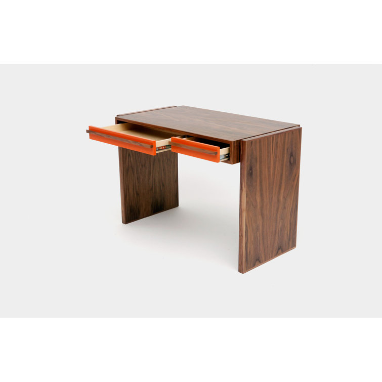 Orange and Walnut Compact Desk with Two Drawers