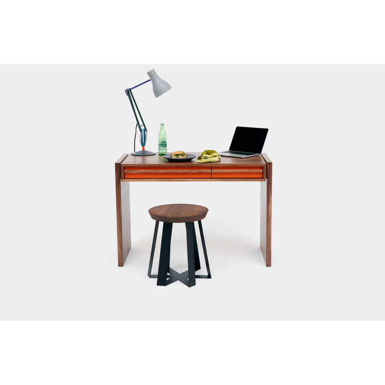 Orange and Walnut Compact Desk with Two Drawers