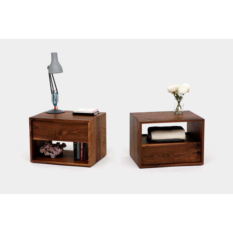 Walnut Solid Wood Nightstand with Drawer and Shelf