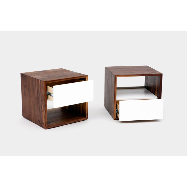 Walnut and White Solid Wood Nightstand with Drawer