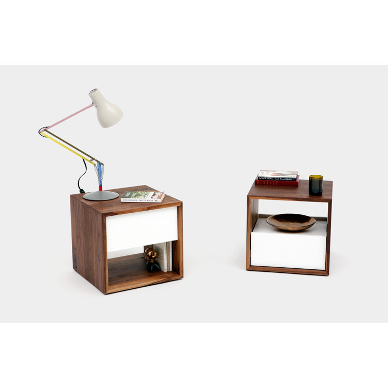 Walnut and White Solid Wood Nightstand with Drawer