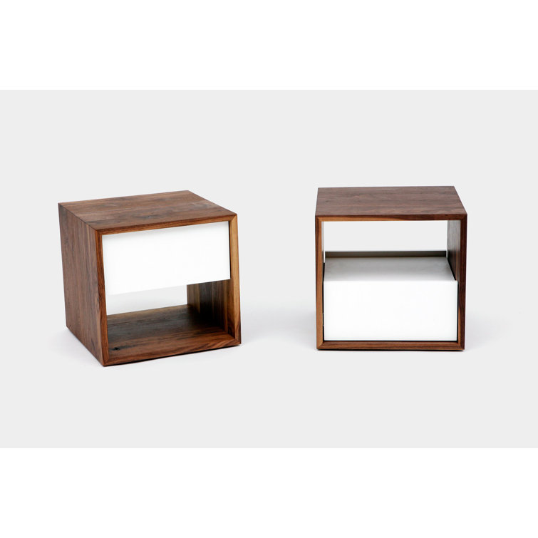 Walnut and White Solid Wood Nightstand with Drawer