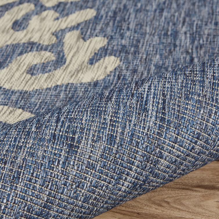 Navy and Gray Coastal Coral Pattern Synthetic Outdoor Rug, 8' x 10'
