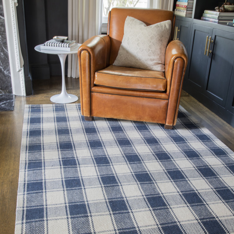 Navy and Ivory Wool Plaid Rectangular Area Rug