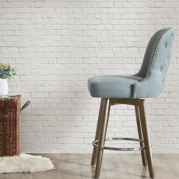 Elegant Blue Swivel Counter Stool with Walnut Wood Finish
