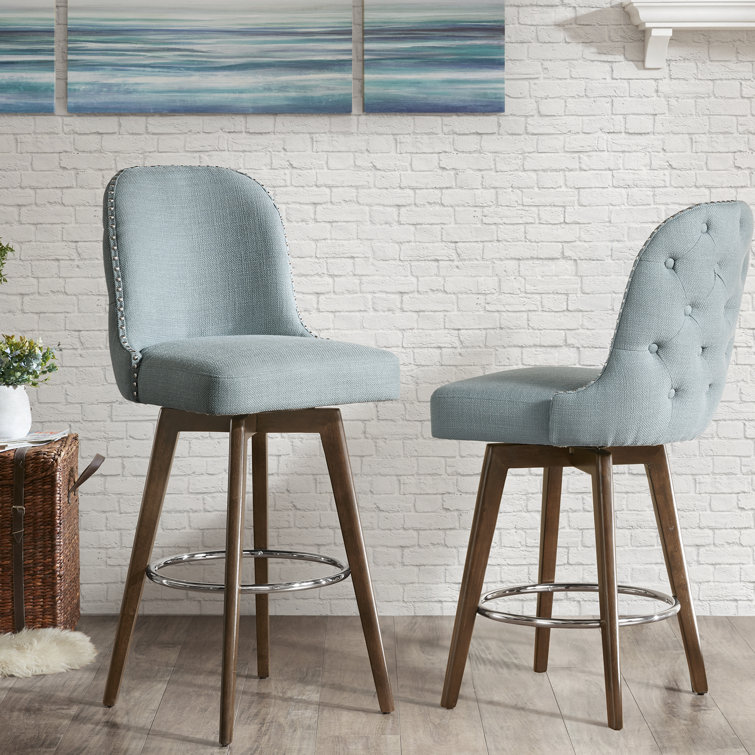 Elegant Blue Swivel Counter Stool with Walnut Wood Finish