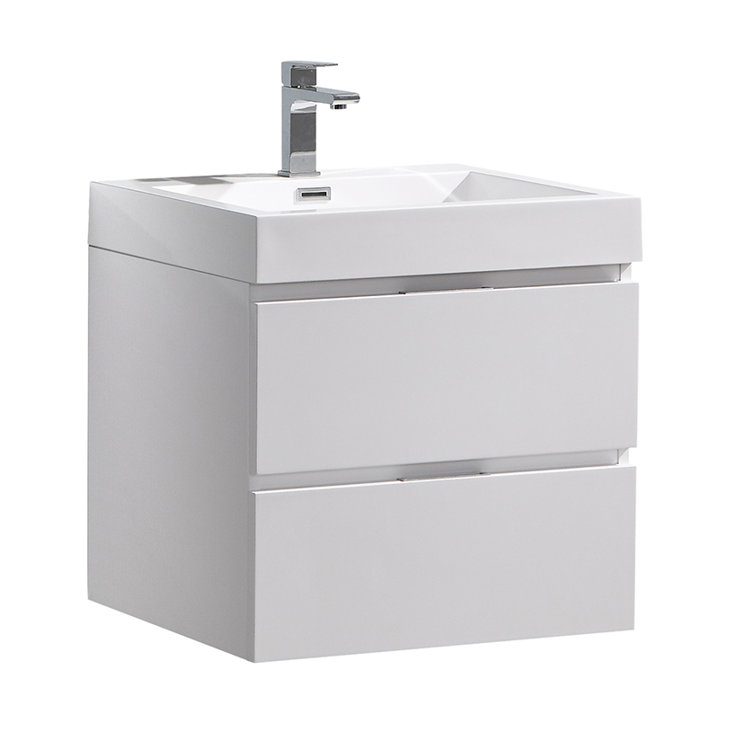 Glossy White 24" Wall-Mount Bathroom Vanity with Acrylic Sink