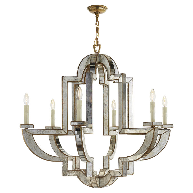 Antique Brass and Mirror 6-Light Art Deco Chandelier