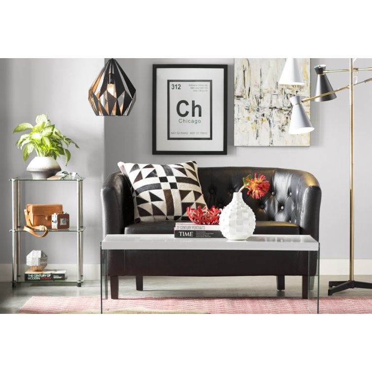 Classic Chesterfield Black Faux Leather Tufted Loveseat with Wood Legs