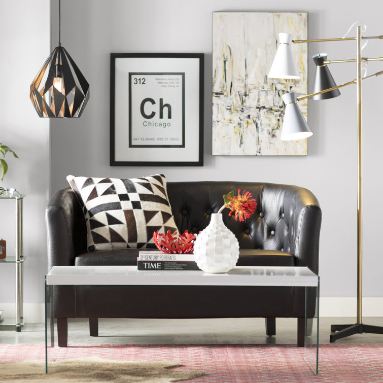 Classic Chesterfield Black Faux Leather Tufted Loveseat with Wood Legs