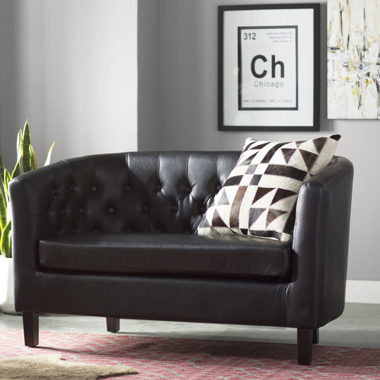 Classic Chesterfield Black Faux Leather Tufted Loveseat with Wood Legs