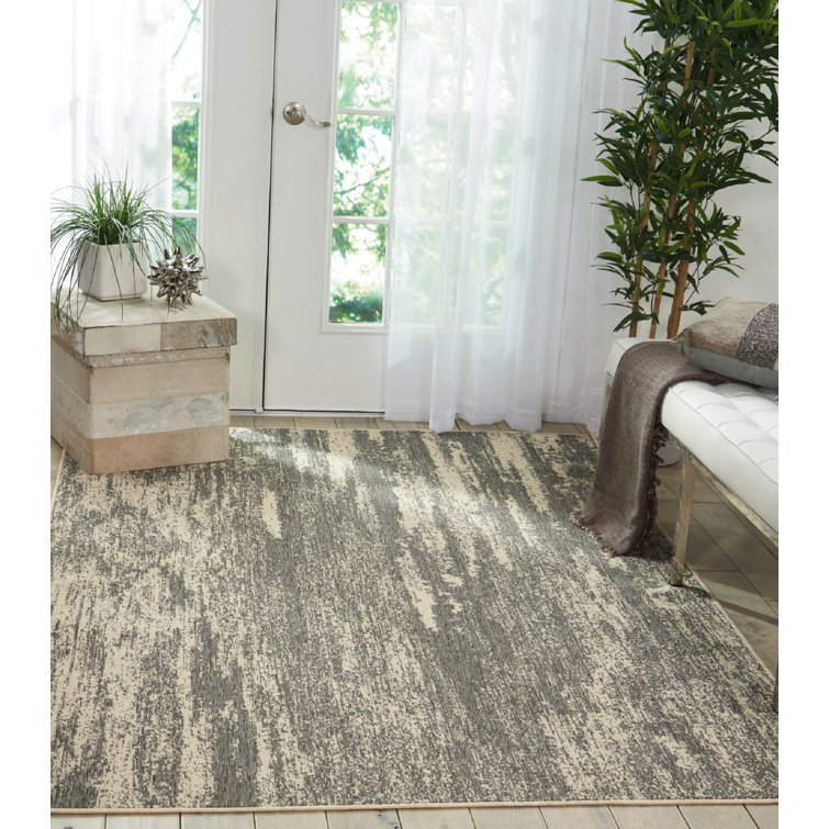 Grey and Cream Abstract Synthetic Rectangular Rug