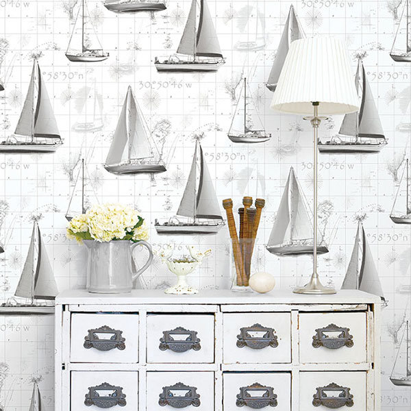 Gray Nautical Yachts Smooth Non-Woven Wallpaper Roll