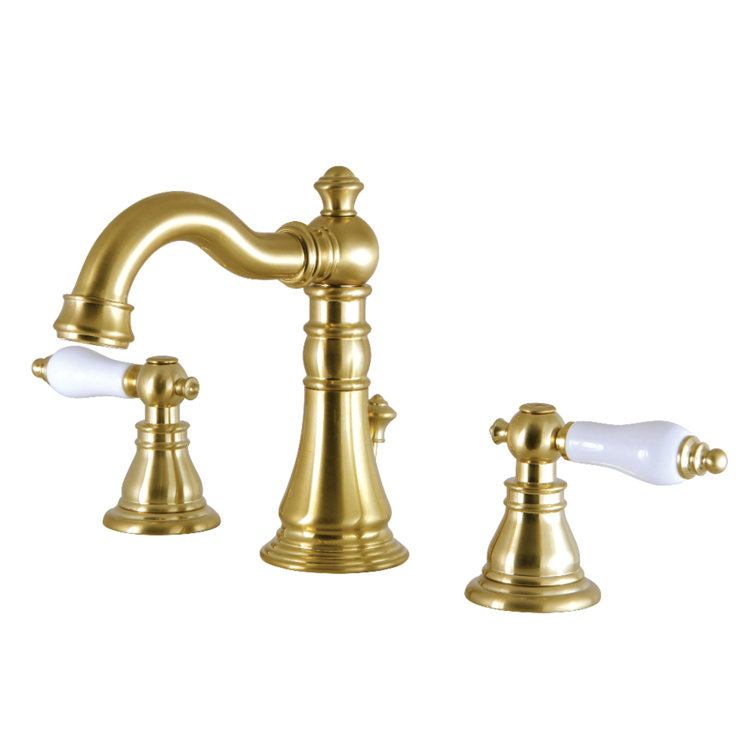 Traditional Brushed Brass Widespread Bathroom Faucet with Porcelain Lever Handles