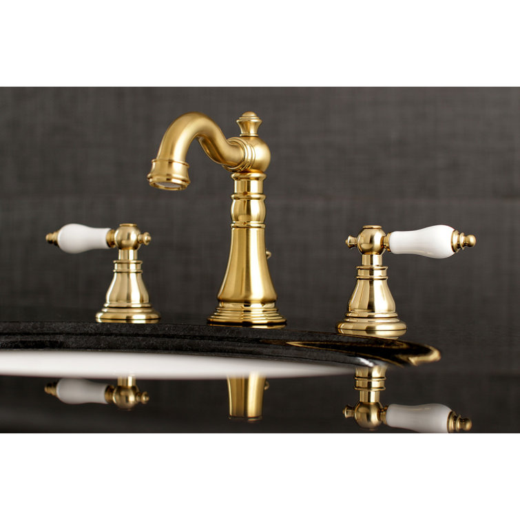 Traditional Brushed Brass Widespread Bathroom Faucet with Porcelain Lever Handles