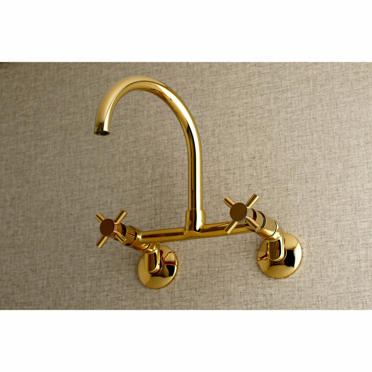 Concord Polished Brass Modern Wall Mount Kitchen Faucet with Cross Handles