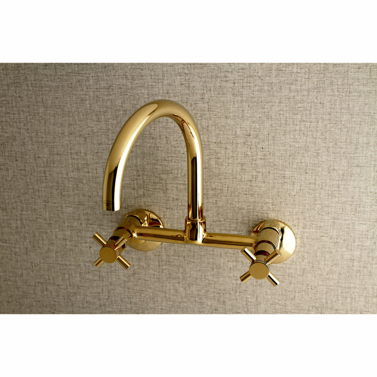 Concord Polished Brass Modern Wall Mount Kitchen Faucet with Cross Handles