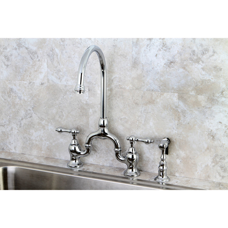 Polished Chrome Brass Bridge Kitchen Faucet with Side Sprayer