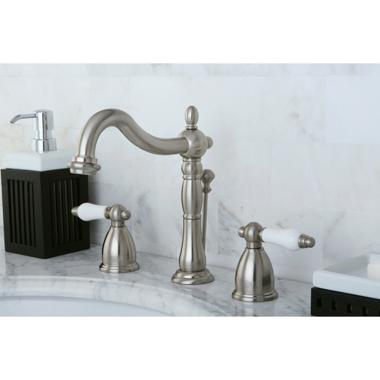 Heritage Brushed Nickel Widespread Lavatory Faucet with Porcelain Lever