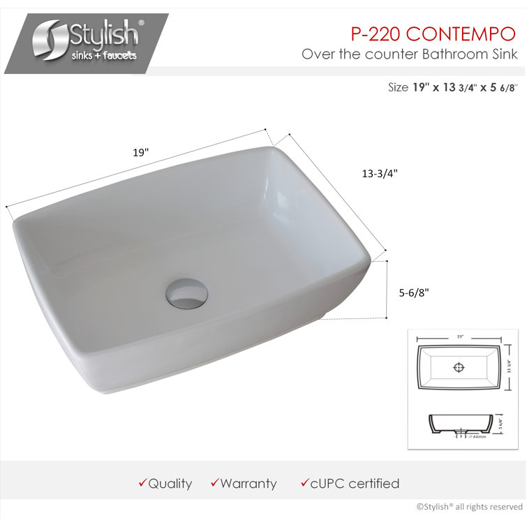 Stylish 19" White Ceramic Rectangular Vessel Sink