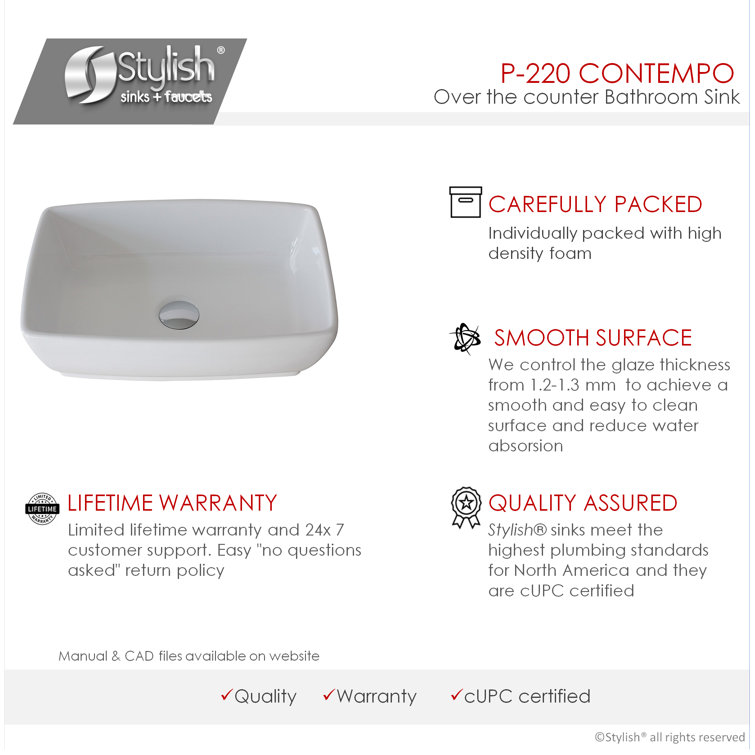 Stylish 19" White Ceramic Rectangular Vessel Sink