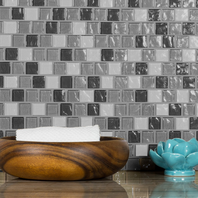Geo 12-in x 12-in Glossy Gray Glass Mosaic Wall Tile