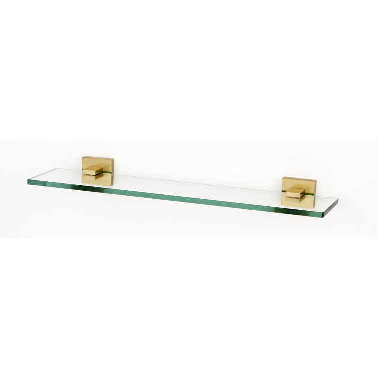 Satin Brass Beveled Glass Wall Shelf with Wooden Bracket, 18" W