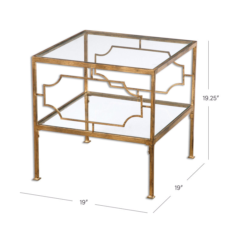 Antique Gold Leaf Square Metal and Glass End Table