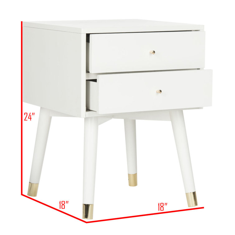 White Mid-Century Modern 2-Drawer Nightstand with Gold Accents