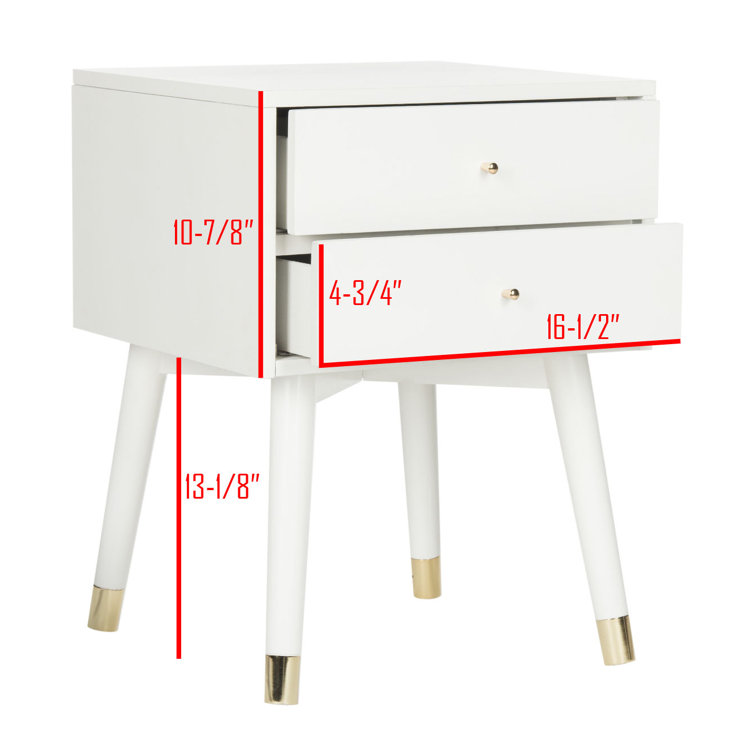 White Mid-Century Modern 2-Drawer Nightstand with Gold Accents