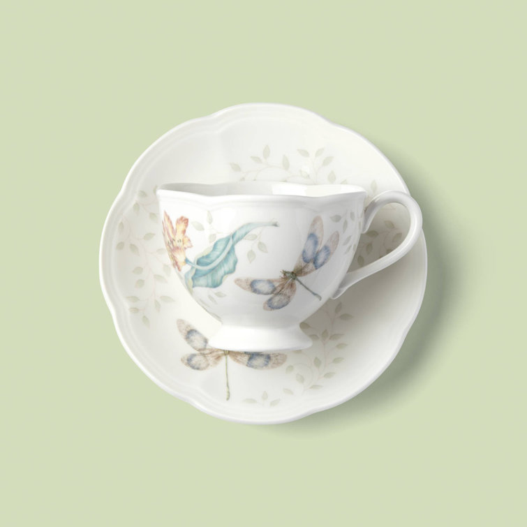 Colorful Ceramic Teacup and Saucer with Floral Print