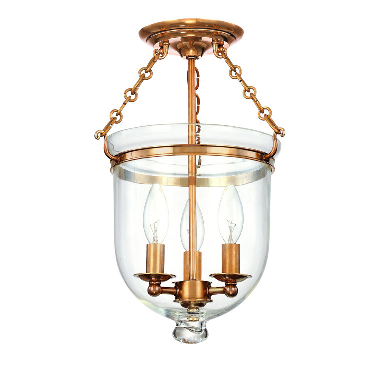 Aged Brass and Clear Glass 3-Light Semi Flush Mount