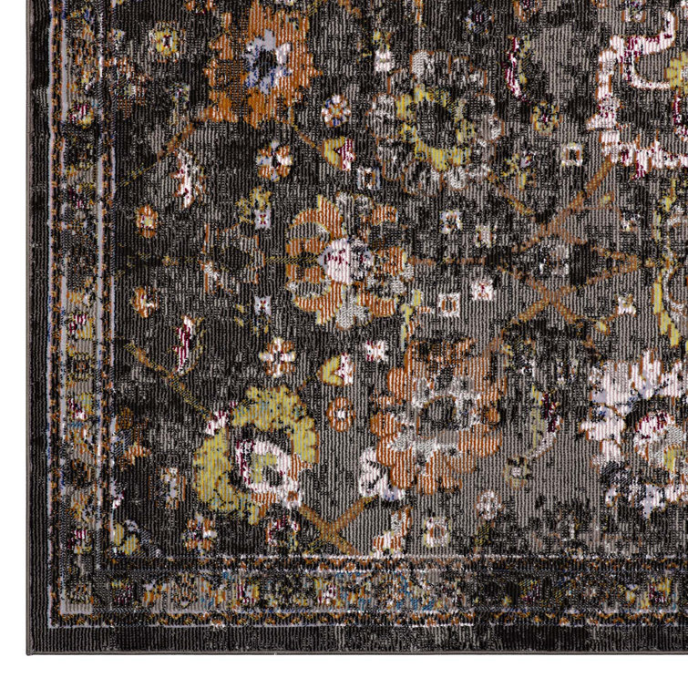 Minu Distressed Floral Lattice 4' x 6' Black and Orange Area Rug