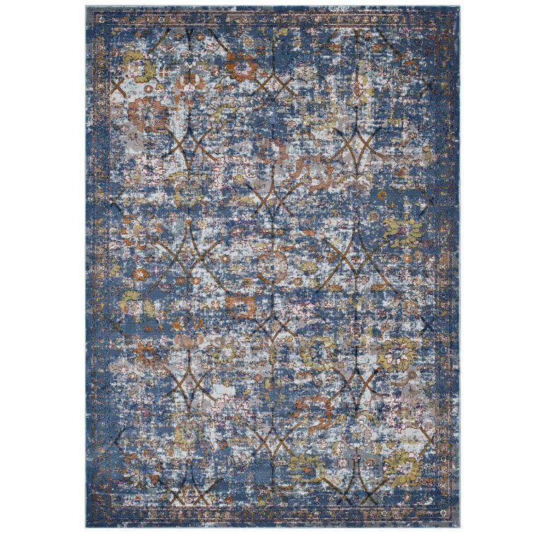 Minu Blue Gray Yellow Orange Floral Synthetic 4' x 6' Area Rug