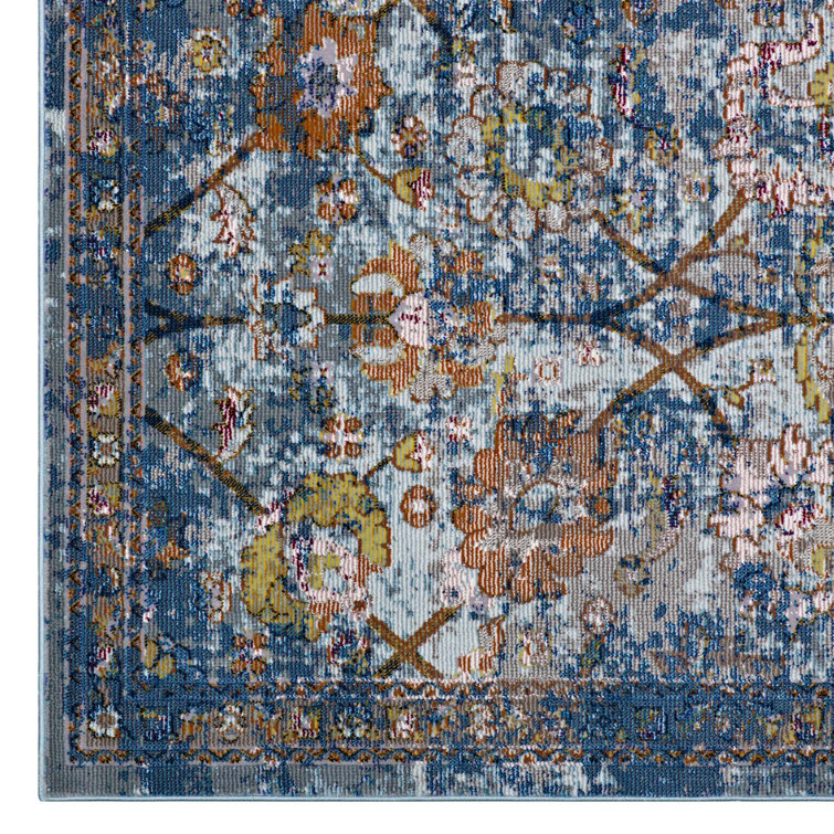 Minu Blue Gray Yellow Orange Floral Synthetic 4' x 6' Area Rug