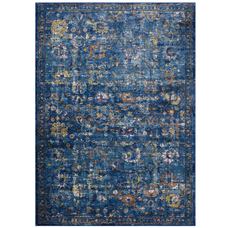 8' x 10' Dark Blue Floral Synthetic Area Rug