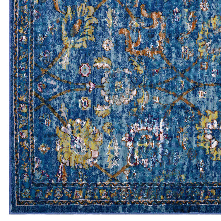 8' x 10' Dark Blue Floral Synthetic Area Rug