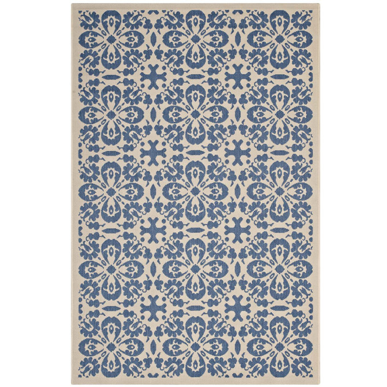 Ariana Vintage Floral Trellis 5x8 Blue and Beige Indoor-Outdoor Rug