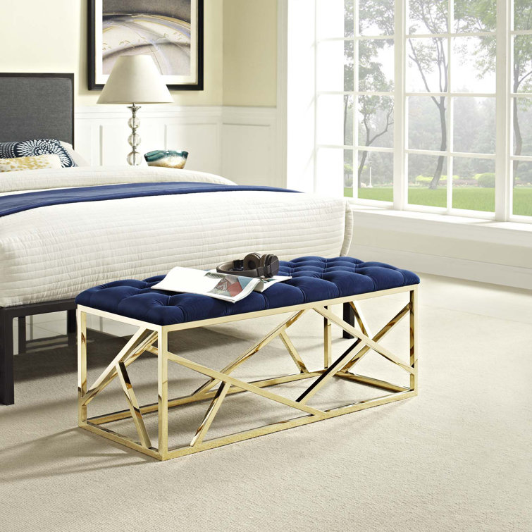 Ivory Tufted Velvet Bench with Gold Stainless Steel Base