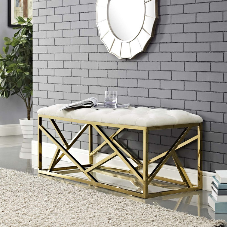 Ivory Tufted Velvet Bench with Gold Stainless Steel Base