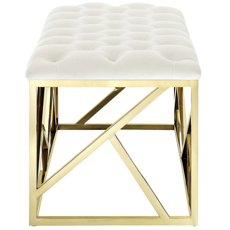 Ivory Tufted Velvet Bench with Gold Stainless Steel Base