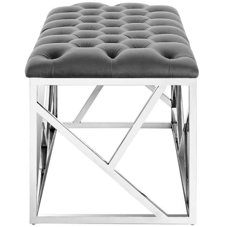 Elegance Luxe Silver Gray Tufted Velvet Bench with Stainless Steel Base