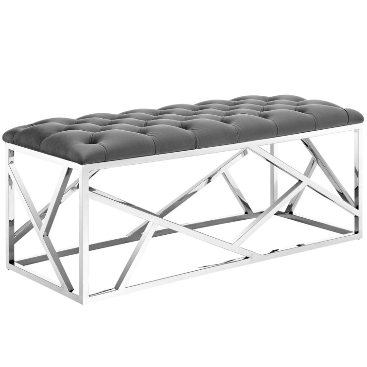 Elegance Luxe Silver Gray Tufted Velvet Bench with Stainless Steel Base