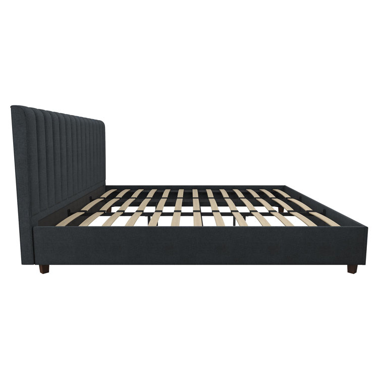 Brittany Blue Linen King Upholstered Platform Bed with Tufted Headboard