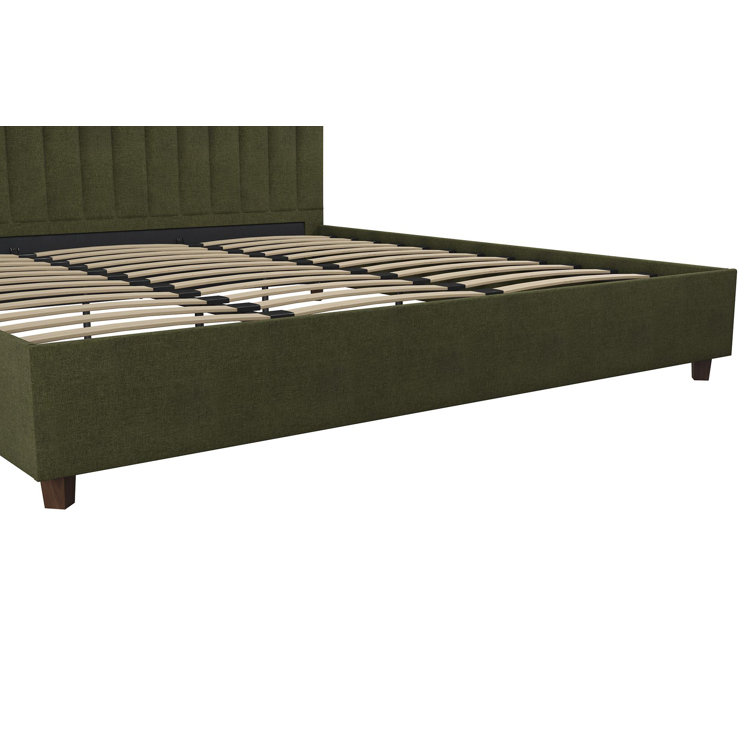 King Green Linen Upholstered Platform Bed with Oak Legs