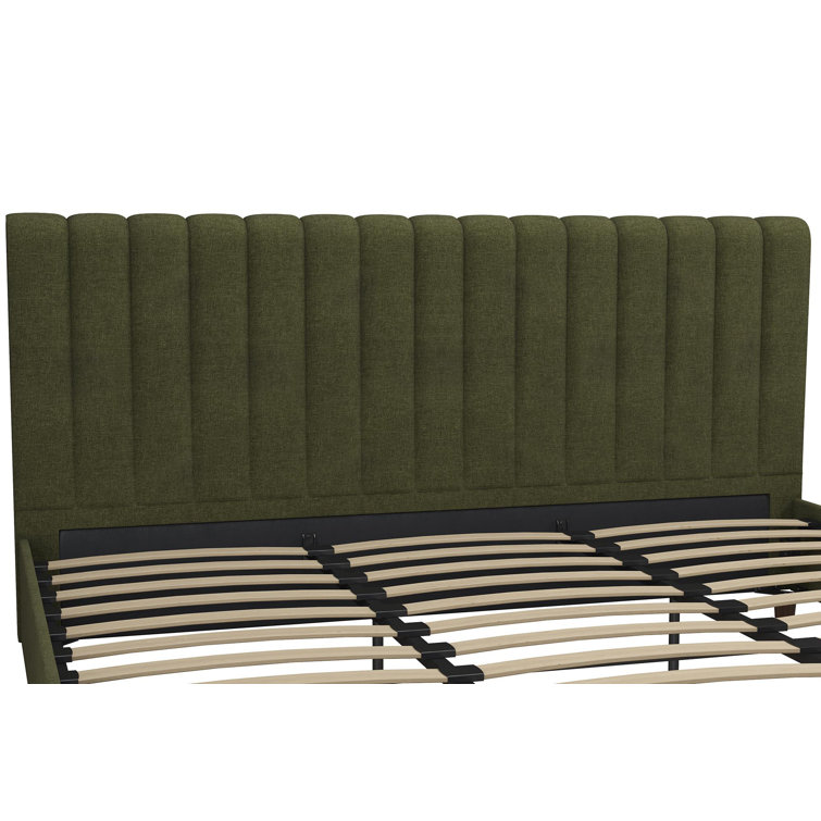 King Green Linen Upholstered Platform Bed with Oak Legs