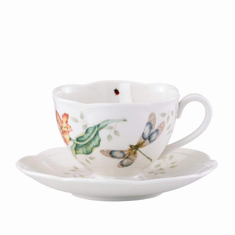 Colorful Ceramic Teacup and Saucer with Floral Print