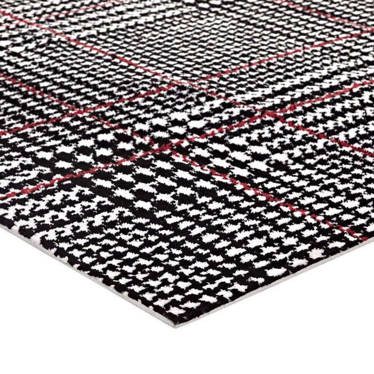 Kaja Black and White Synthetic Abstract Plaid Area Rug