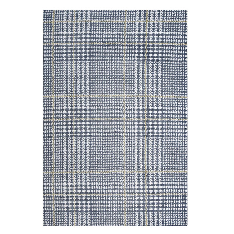Kaja Black and White Synthetic Abstract Plaid Area Rug
